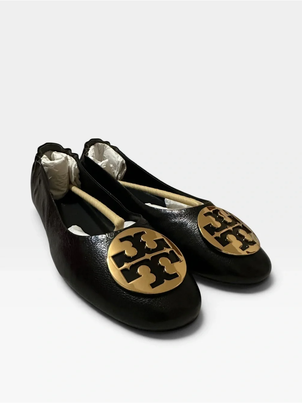 Tory Burch Claire Ballet Flats Black Leather Gold Logo NIB Size 9.5